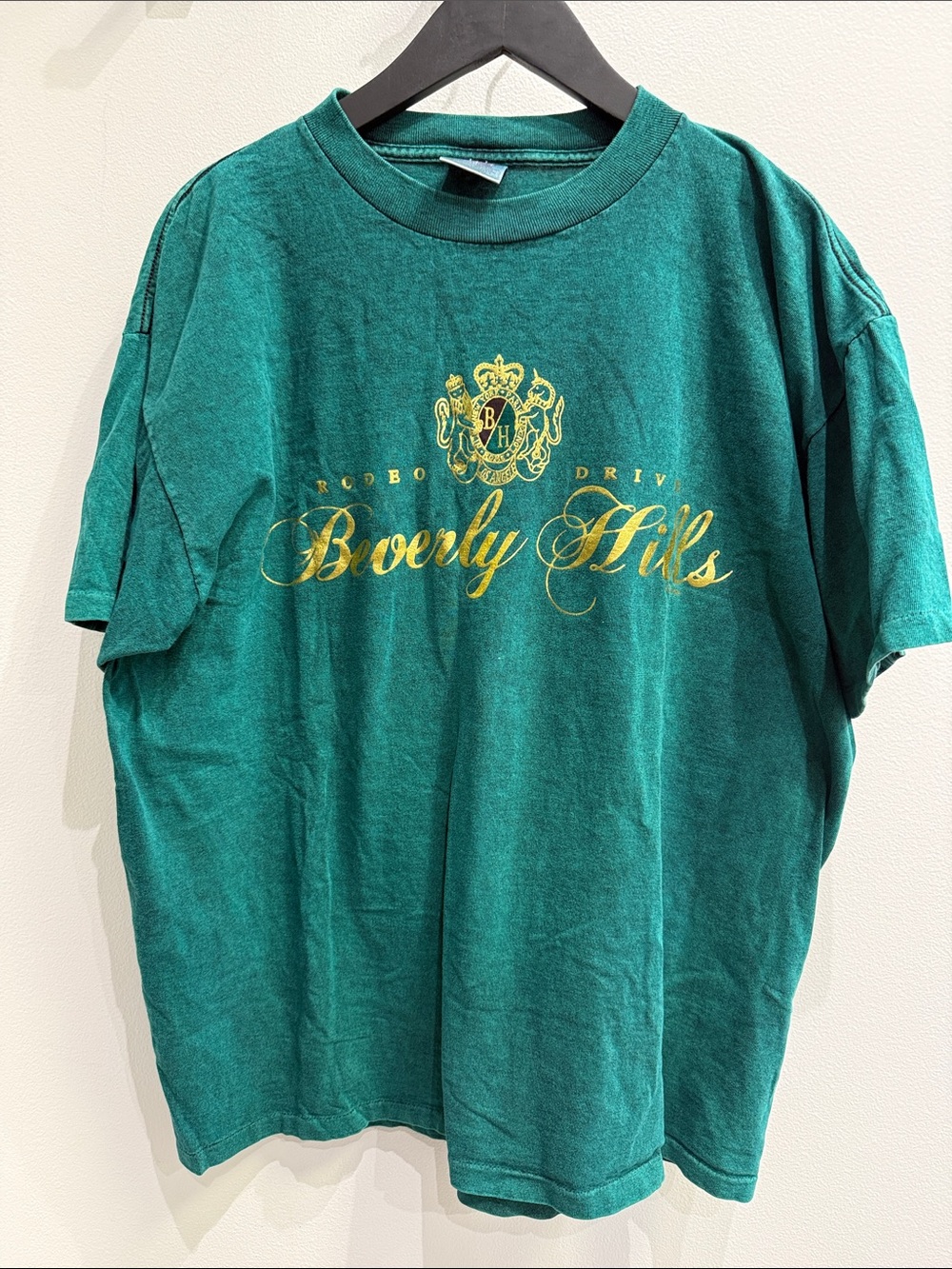Vintage Green Beverly Hills Graphic Tee with Gold Script